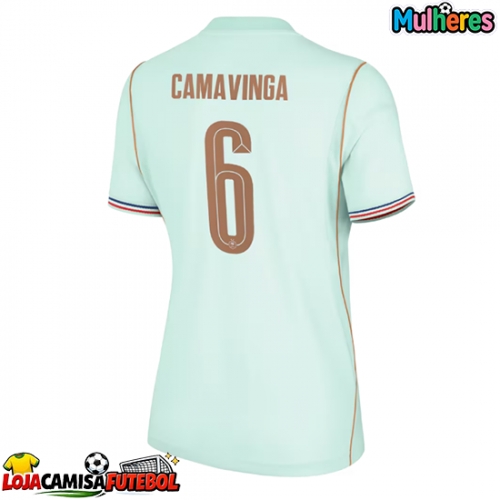 Camisa de Futebol França Eduardo Camavinga #6 Equipamento Secundário Mulheres Mundo 2026 Manga Curta